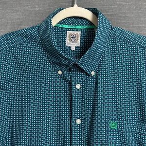 Cinch Shirt L Blue Green Geometric Print Button Down Long Sleeve Logo Riding